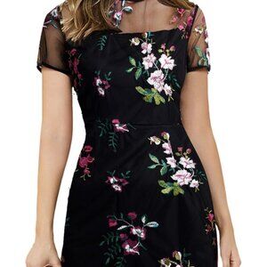 Floerns Women's Floral Embroidered Short Sleeve Sheer Fitted Dress Black Size L